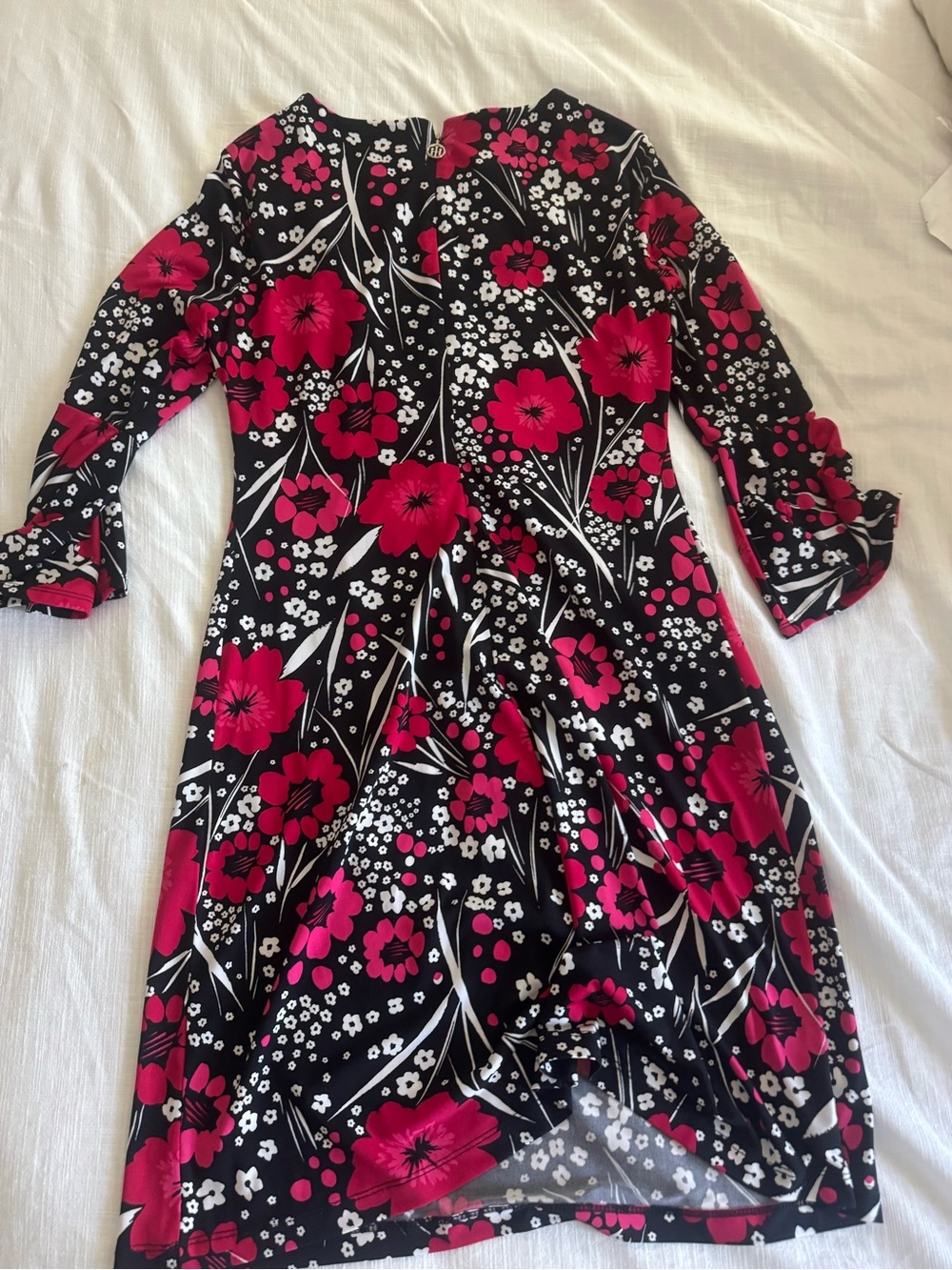 Tommy Hilfiger Black, Pink & White Floral Dress Size Medium Bell Sleeves